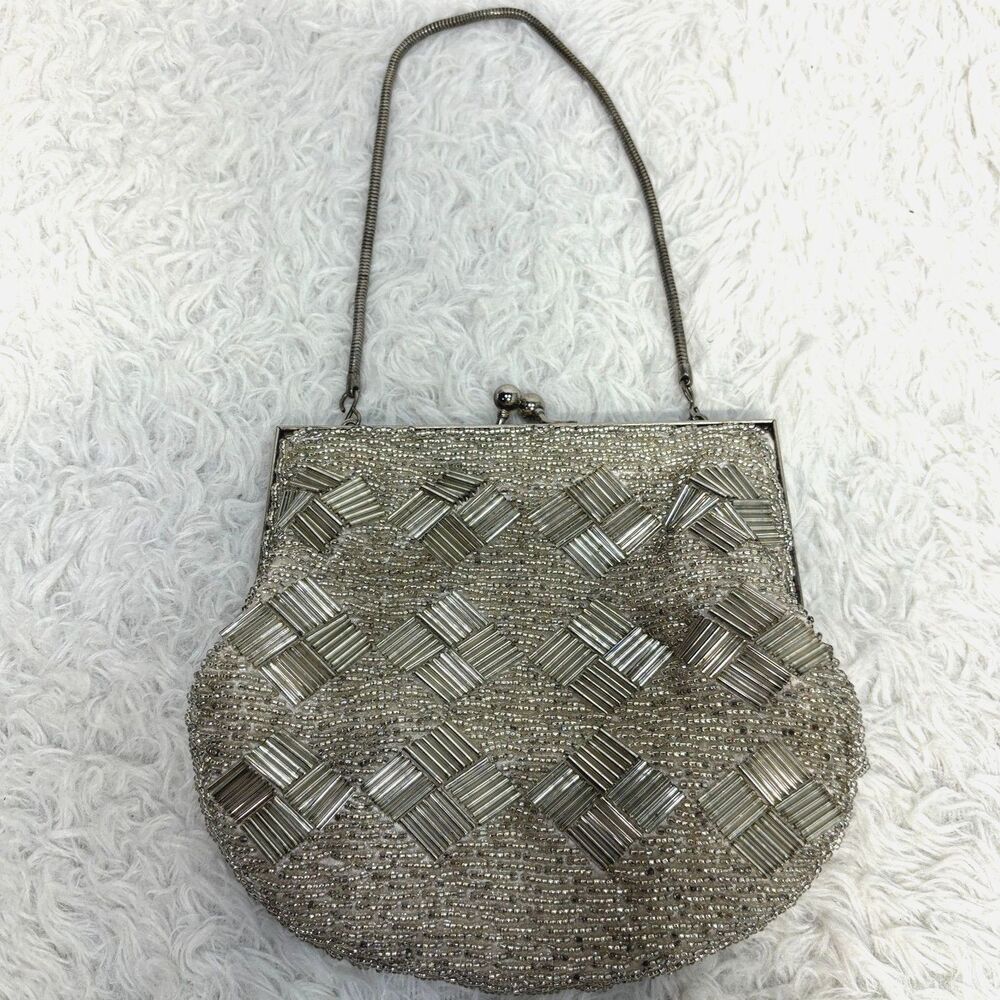 Vtg Smaller Beaded Clutch Evening Purse White Accents